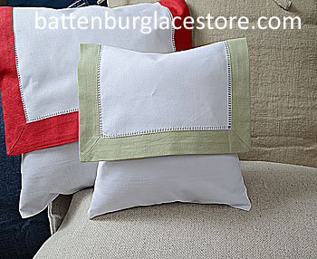 Envelope Pillow.Baby Size 8 in. White with MELLOW GREEN Trim. - Click Image to Close